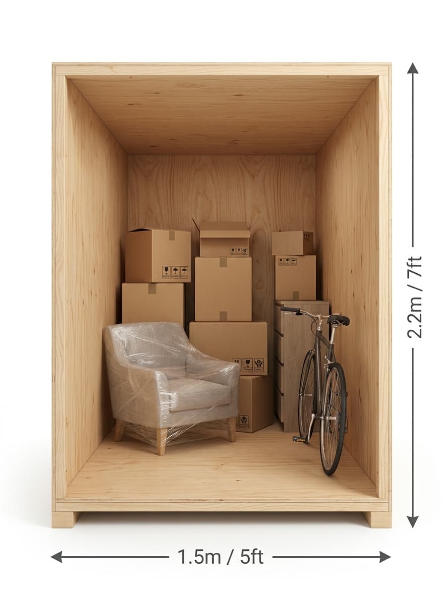Storage container with furniture, boxes and a bike inside